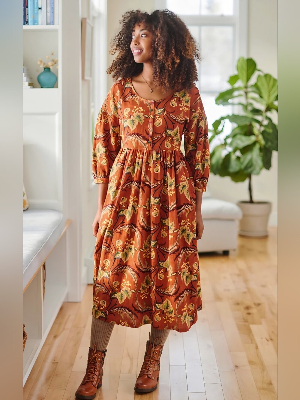 April Cornell, Medium, Fern Forest Dress, Multi-colored buttons, 3/4 Sleeve, Med
